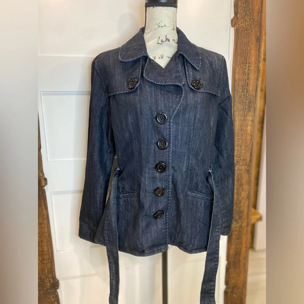 Baccini Blue Jean Jacket with Structured Fit and Waist Sash - Picture 3 of 7